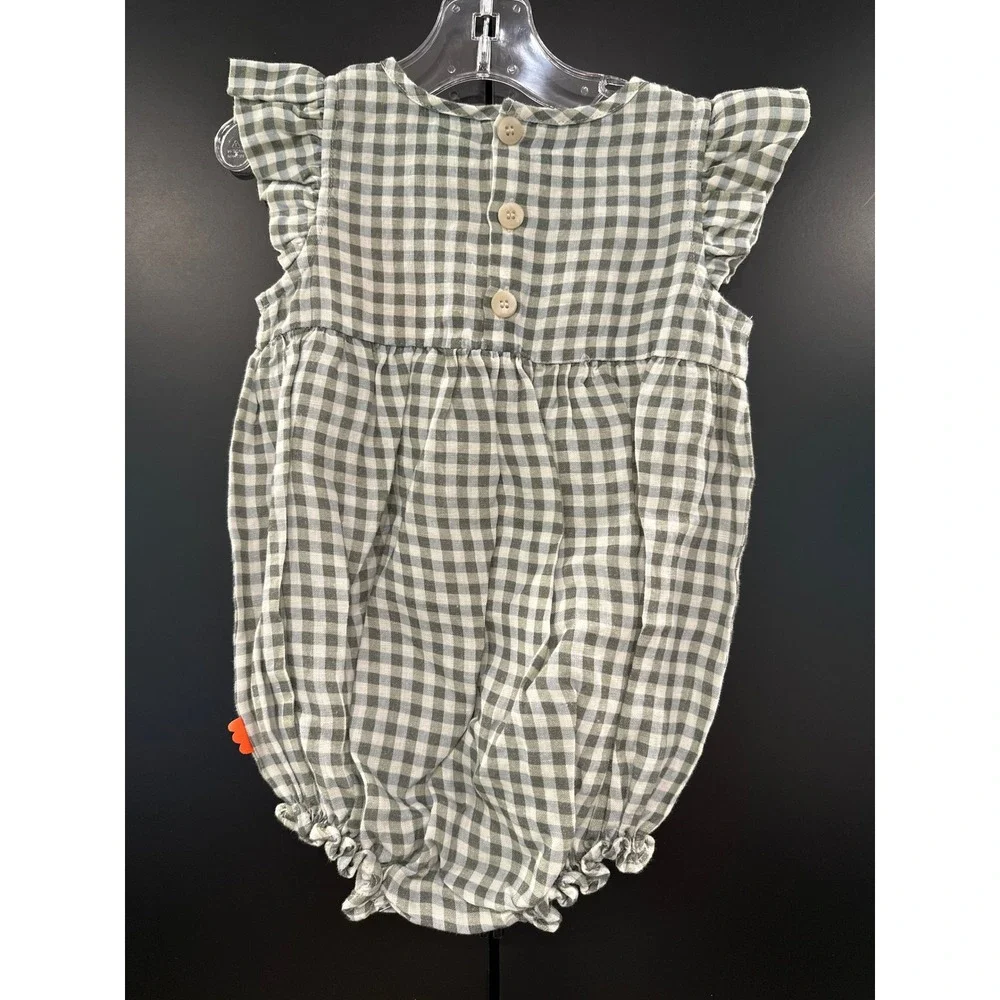 Mon Coeur Gingham Linen Baby Girl Romper 18-24M Cream Green NWT